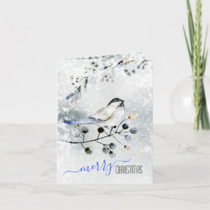 Bird On Snowy Branch With Berries Merry Christmas  Holiday Card