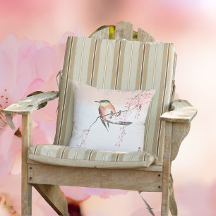Bird on Weeping Cherry - Shidarezakura ni kotori Throw Pillow
