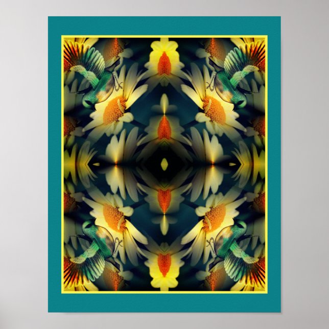 Bird On Yellow Daisies Abstract Fantasy Art   Poster (Front)