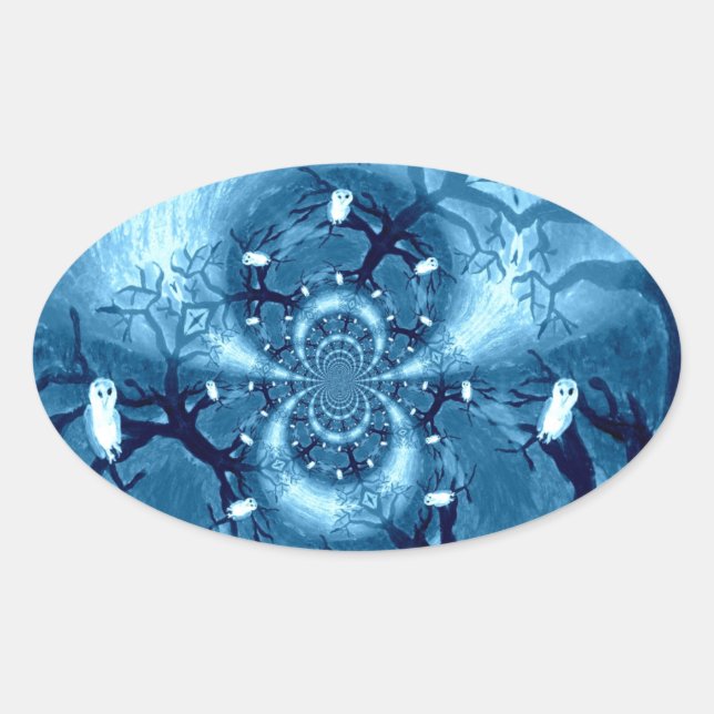 Bird Pattern Blue Tree Owls Oval Sticker (Front)