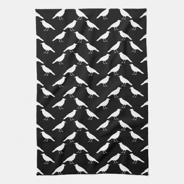 Bird Pattern. Crows in Black and White. Kitchen Towel (Vertical)