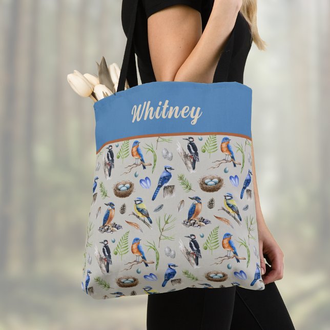 Bird Pattern Kingfisher, Blue Jay, Woodpecker Name Tote Bag (Creator Uploaded)