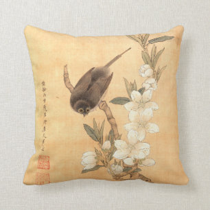 Bird & Peach Blossoms Ming Dynasty Oriental Art Throw Pillow