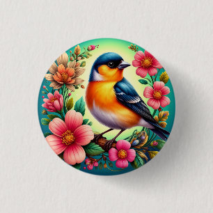Bird Perched Amongst Colourful Flowers 1 Inch Round Button