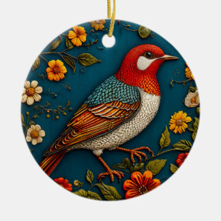 Bird Perched Amongst Colourful Flowers Ceramic Ornament