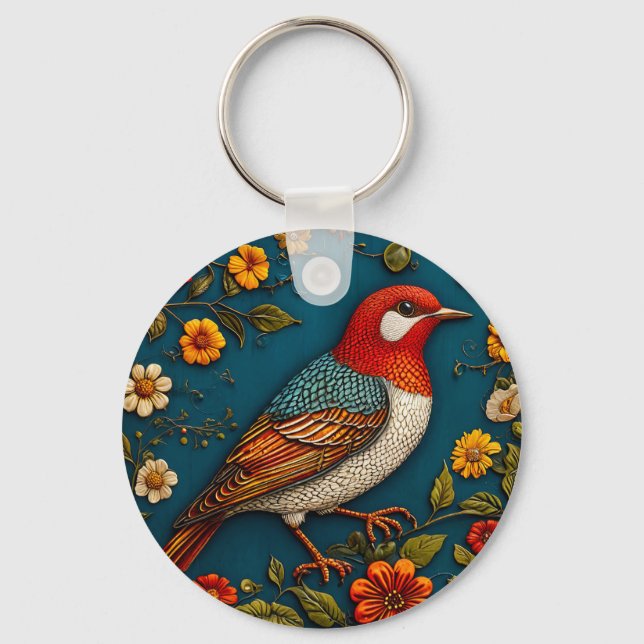 Bird Perched Amongst Colourful Flowers Keychain (Front)