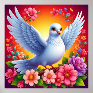 Bird Perched Amongst Colourful Flowers Poster