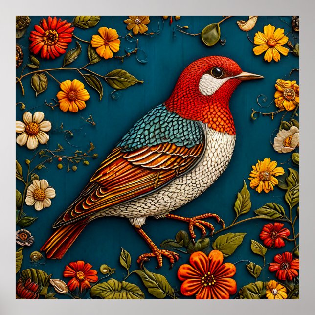 Bird Perched Amongst Colourful Flowers Poster (Front)