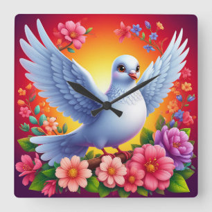 Bird Perched Amongst Colourful Flowers Square Wall Clock