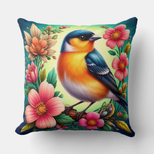 Bird Perched Amongst Colourful Flowers Throw Pillow