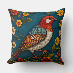 Bird Perched Amongst Colourful Flowers Throw Pillow