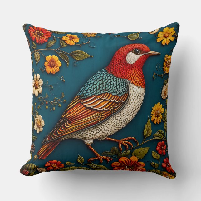 Bird Perched Amongst Colourful Flowers Throw Pillow (Front)