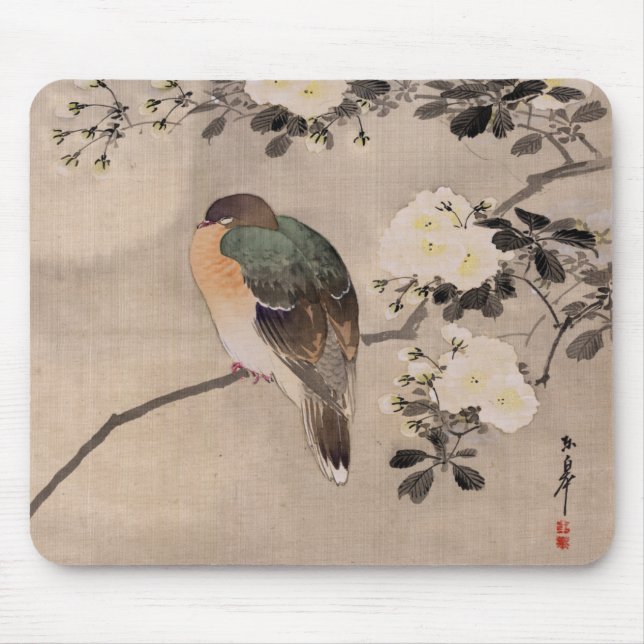 Bird perched on a branch of a blossoming tree mouse pad (Front)