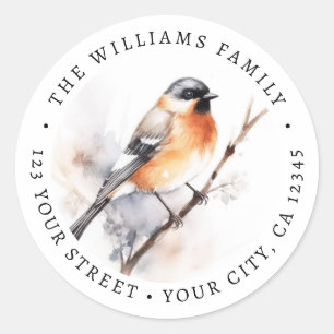 Bird perched on branch watercolor return address classic round sticker