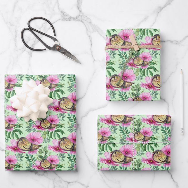 Bird Perched On Pink Flowers Leaves Branches Wrapping Paper Sheet (Front)