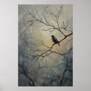 Bird Perched On Tree Dark Academia, Bird Wall Art