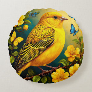 Bird Perched Vibrant Floral Nature Gift Inspired Round Pillow