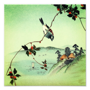 Bird perching on tree top, vintage Japanese animal Photo Print
