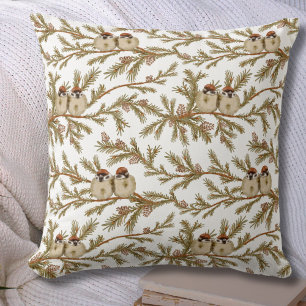Bird Pine Watercolor Winter Throw Pillow