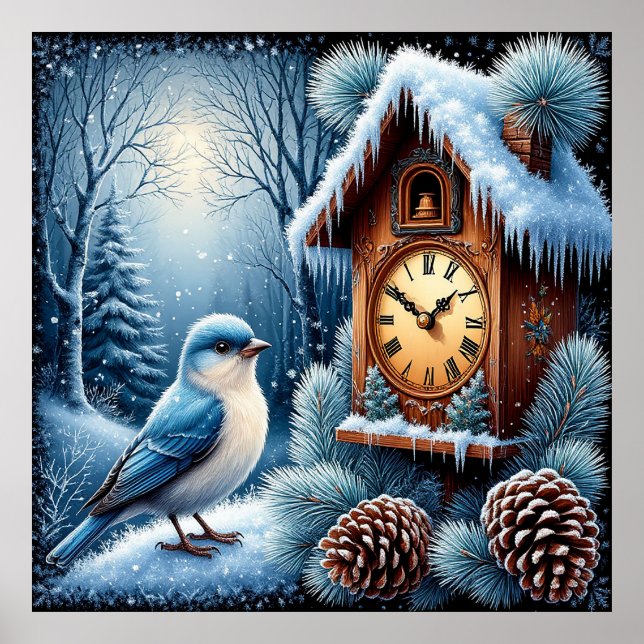 Bird, Pinecones, and Wooden Clock Poster (Front)