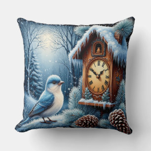 Bird, Pinecones, and Wooden Clock Throw Pillow