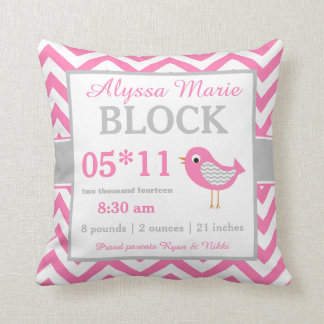 Bird Pink Grey Baby Announcement Pillow