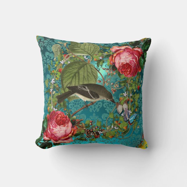 BIRD, PINK ROSES BUTTERFLIES AQUA BLUE,TEAL DAMASK THROW PILLOW (Front)