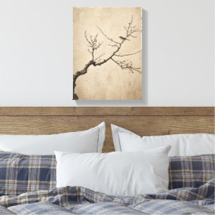 Bird Plum Blossom Japanese Neutral Beige Japandi Canvas Print