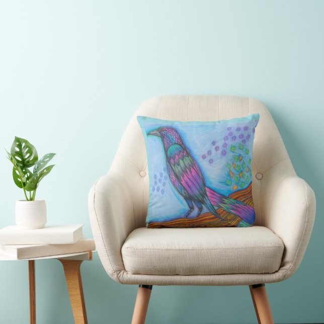Bird Print Throw Pillow With Rainbow Grackle  (Chair)