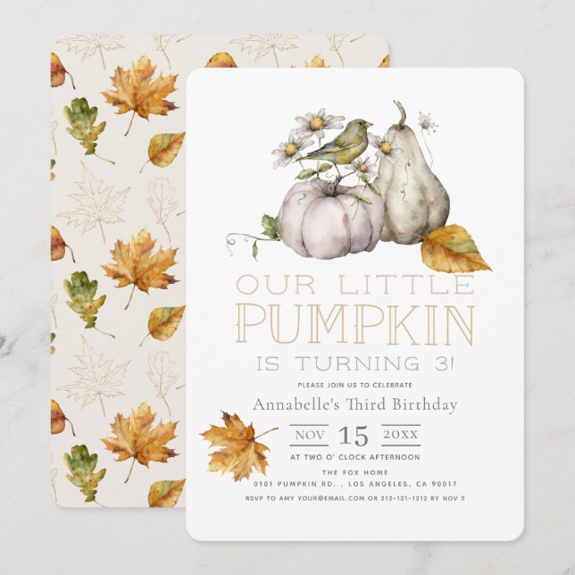 Bird Pumpkin Fall Leaves Watercolor Birthday Invitation (Front/Back)