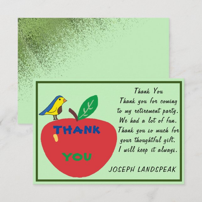 Bird & Red Apple & Green Glitter Retirement Thanks Card (Front/Back)