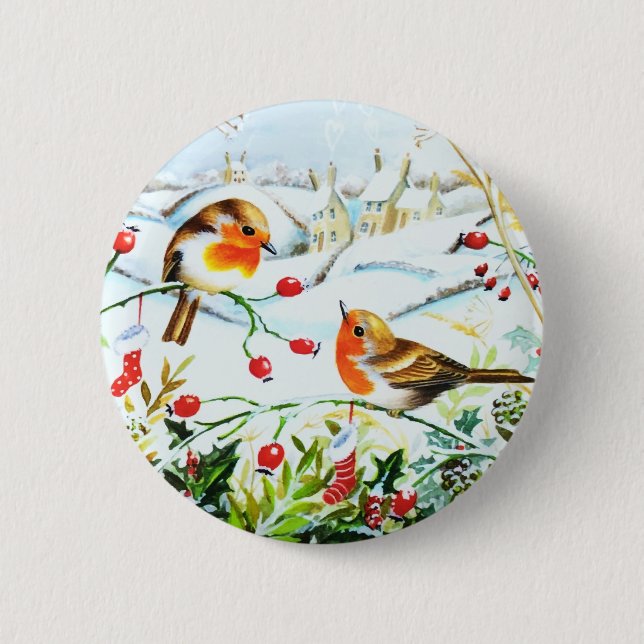 Bird Robin Couple Winter Holly Christmas 2 Inch Round Button (Front)