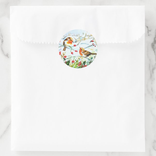 Bird Robin Couple Winter Holly Christmas Classic Round Sticker (Bag)