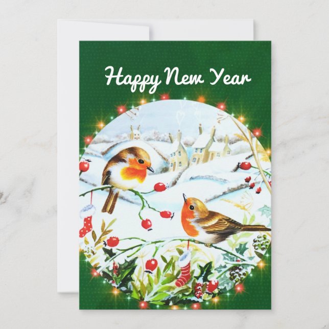 Bird Robin Couple Winter Holly Christmas Holiday Card (Front)