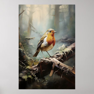 Bird Robin in forest wall print, bird rustic Poster