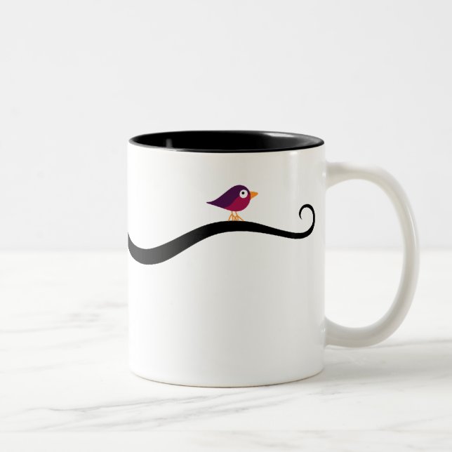 Bird roosting on cat's tail Two-Tone coffee mug (Right)
