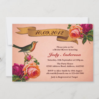 Bird Rose Antique Bridal Shower Invitation (Pink)