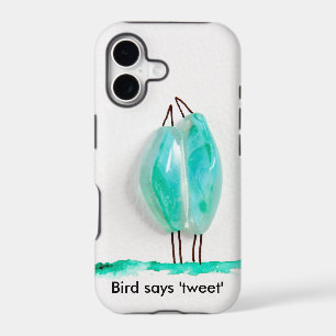 Bird says 'tweet' cute couple in love green glass