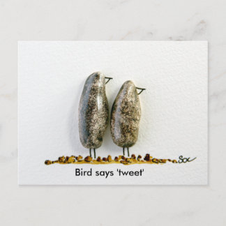 Bird says 'tweet' cute hematite couple postcard