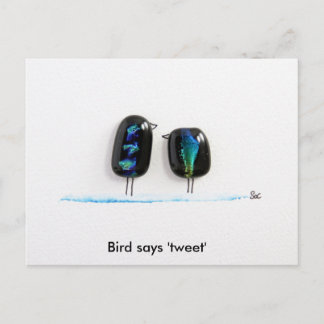 Bird says tweet - fun love birds in blue glass postcard