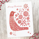 Bird Scandinavian Holiday Postcard<br><div class="desc">Scandinavian folk art style red and white festive Christmas card.  Change or remove the greeting on the front and your address on the back to personalize. Original art by Nic Squirrell.</div>