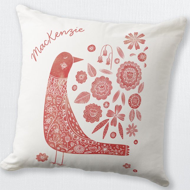 Bird Scandinavian Red White Personalized Throw Pillow (Red and white personalized custom name folk art Scandinavian bird and flower throw pillow)