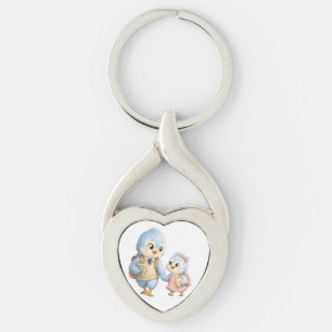 Bird Siblings Heart Metal Keychain