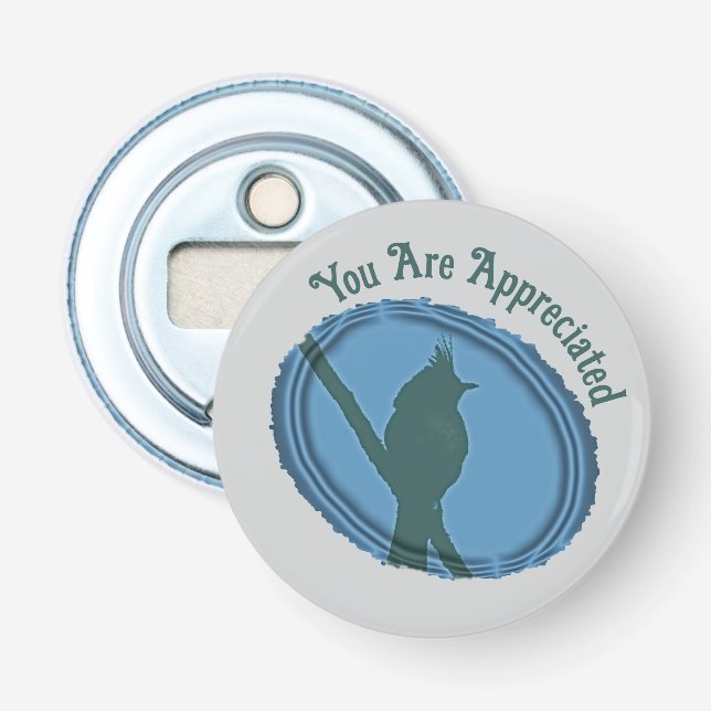 Bird Silhouette Appreciation Blue Grey Thank You Bottle Opener (Front)