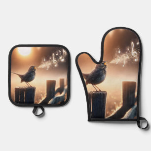 Bird Singing A Song On A Fencepost Oven Mitt & Pot Holder Set