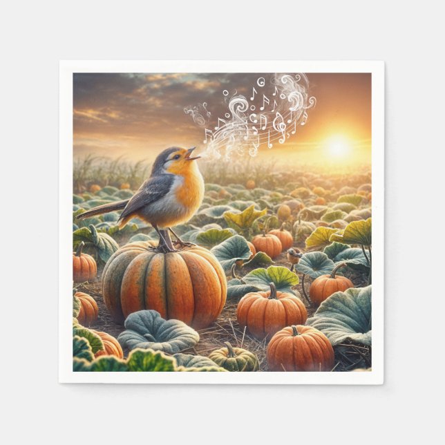 Bird Singing On a Pumpkin Napkin (Front)