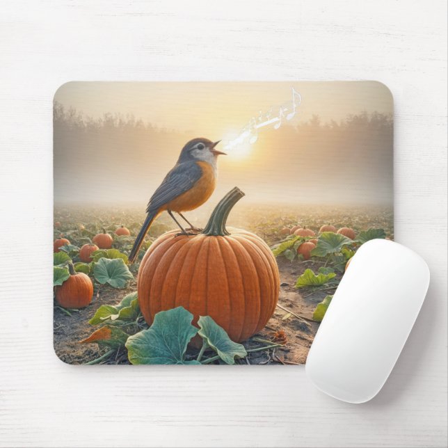 Bird Singing On An Orange Pumpkin Mouse Pad (With Mouse)