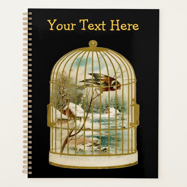 Bird Snow Covered Farm by Stream in Gold Birdcage  Planner (Front)