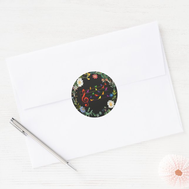 Bird Song, floral border, Classic Round Sticker (Envelope)