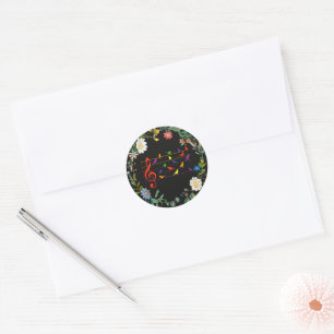 Bird Song, floral border, Classic Round Sticker
